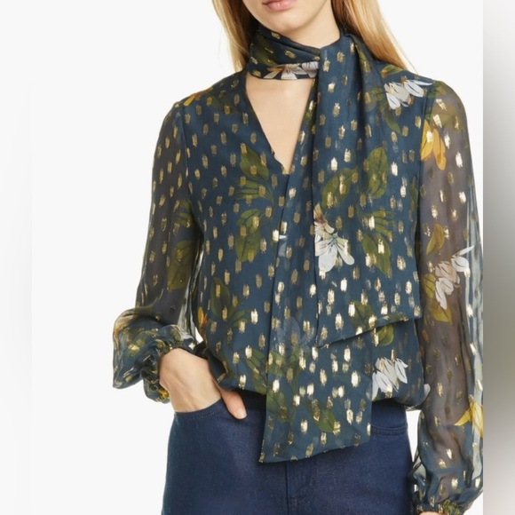 Medium Ted Baker Floral Metallic Silk Blend Blouse - Picture 1 of 6